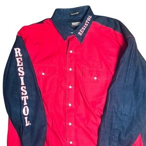 Resistol - Snap Down Long Sleeve Denim Western Rodeo Shirt - Red Blue XL